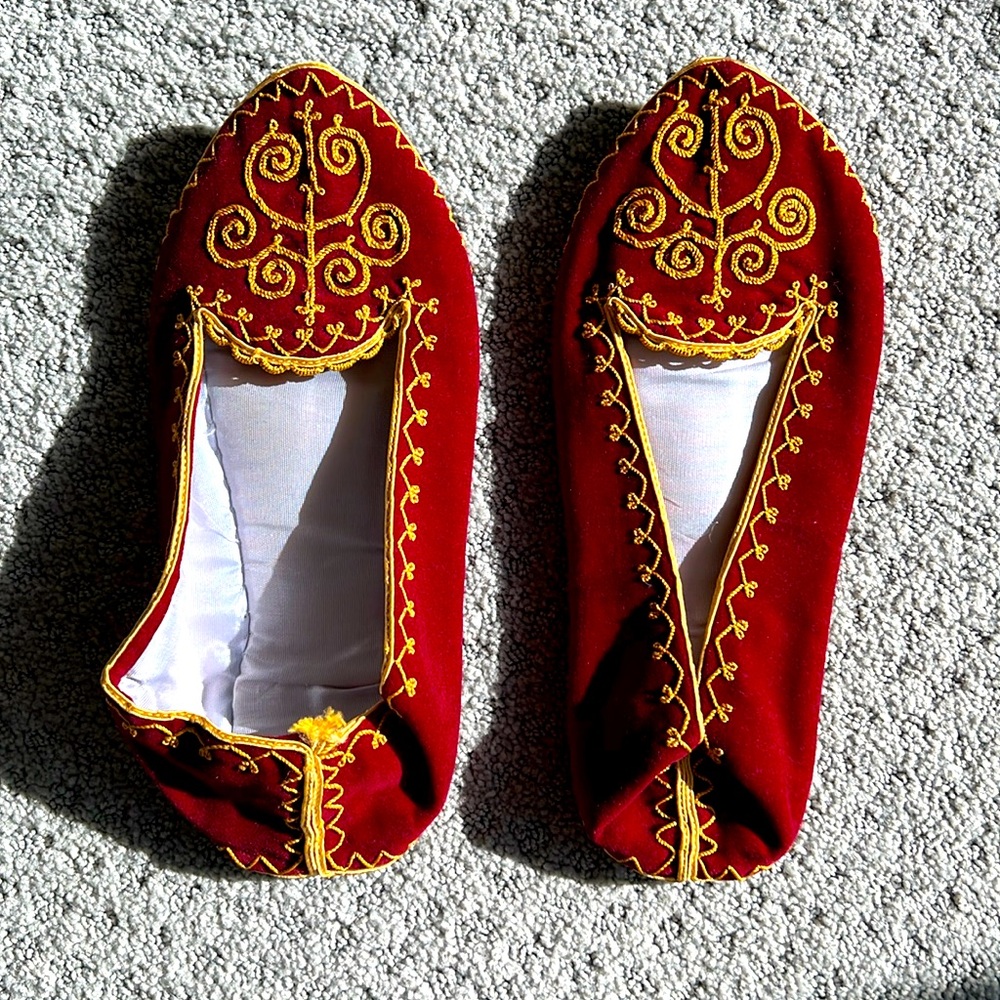New red velvet hand made embroidered gold design slippers